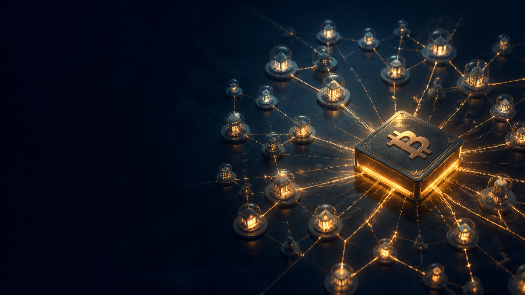 A glowing Bitcoin symbol linked to many small dots, like computers on a network
